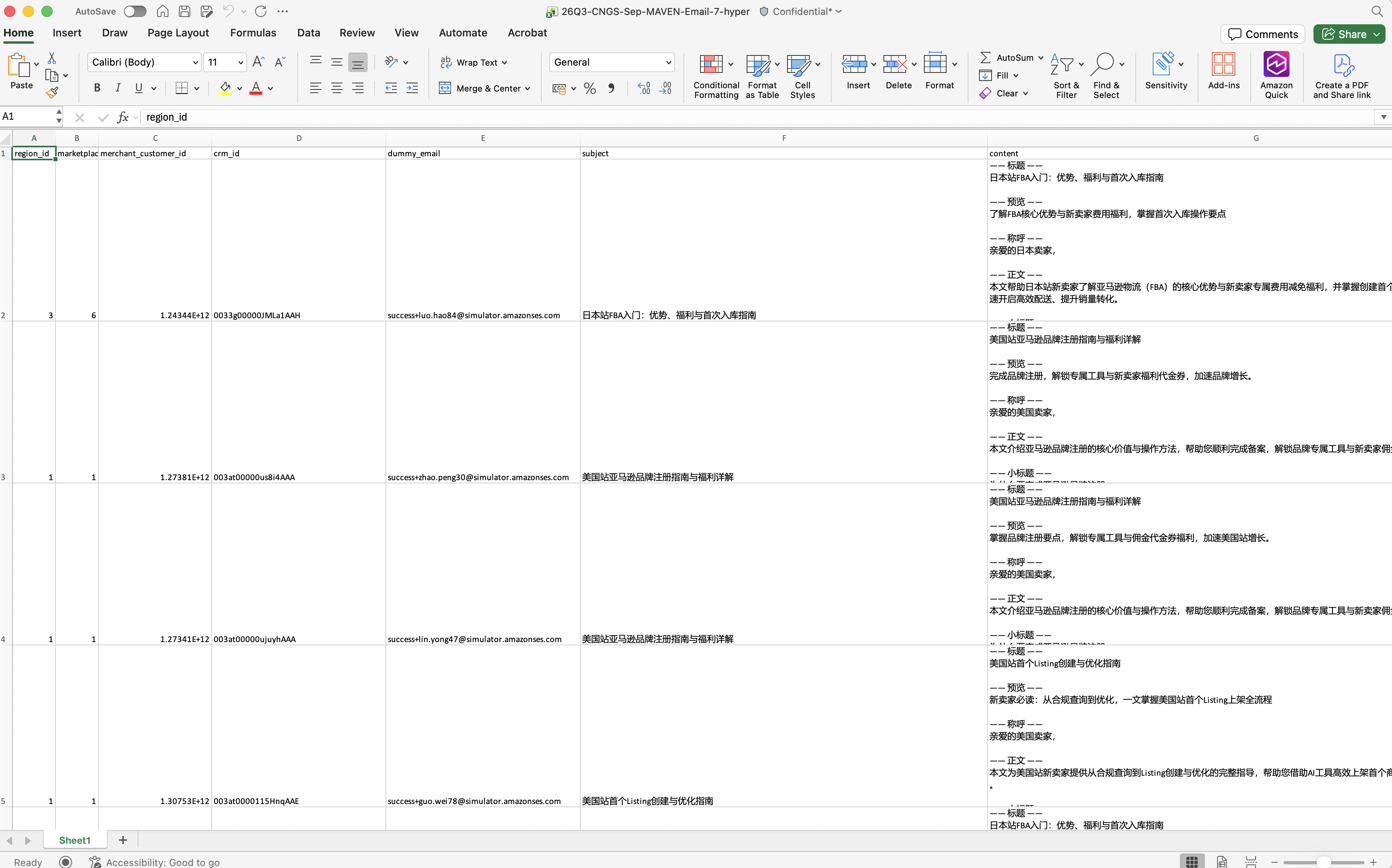 Original generated source workbook with the content column highlighted